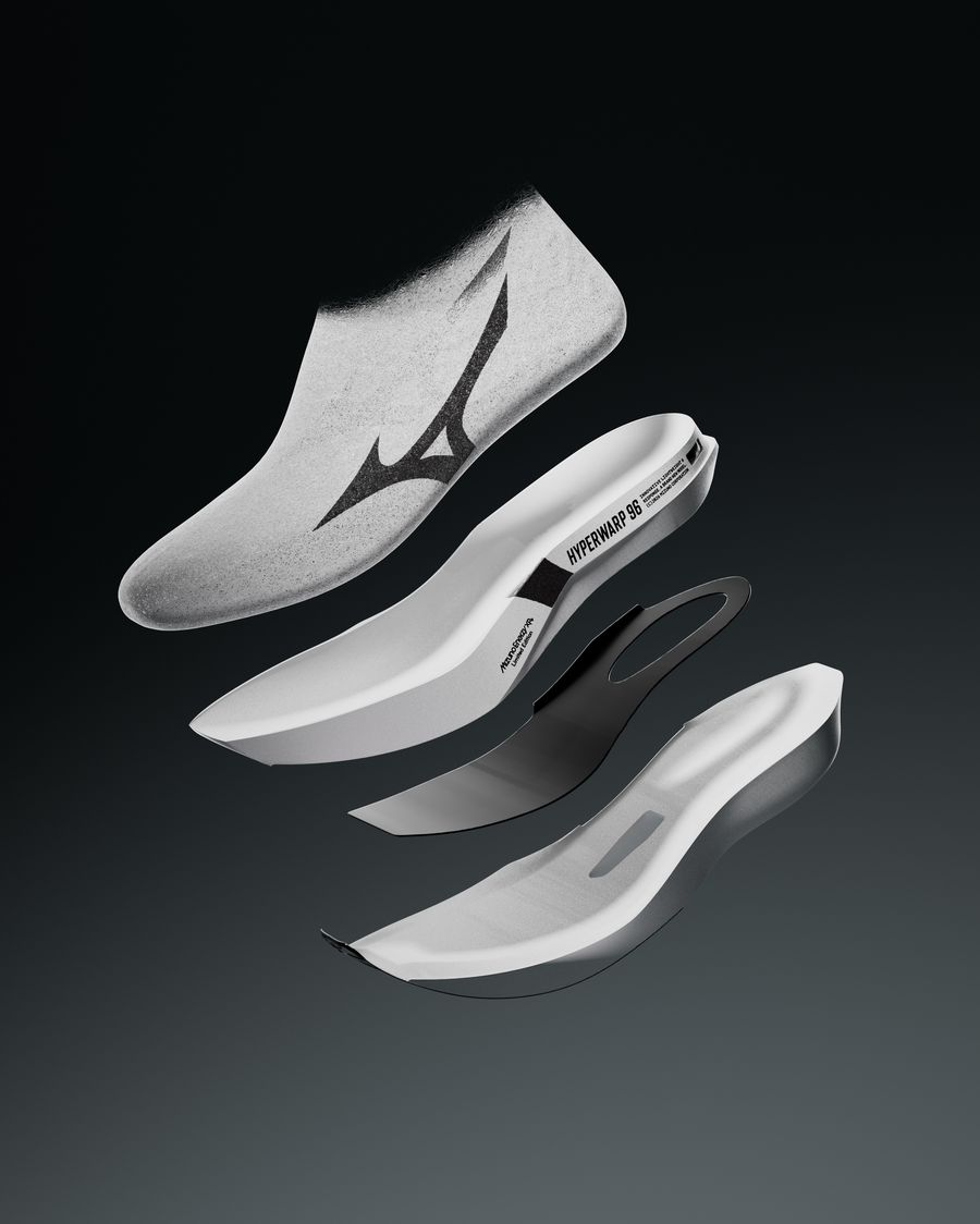 Vue éclatée de la Mizuno Hyperwarp 96 : tige Dual Skin, mousse Enerzy XP+, plaque carbone et semelle