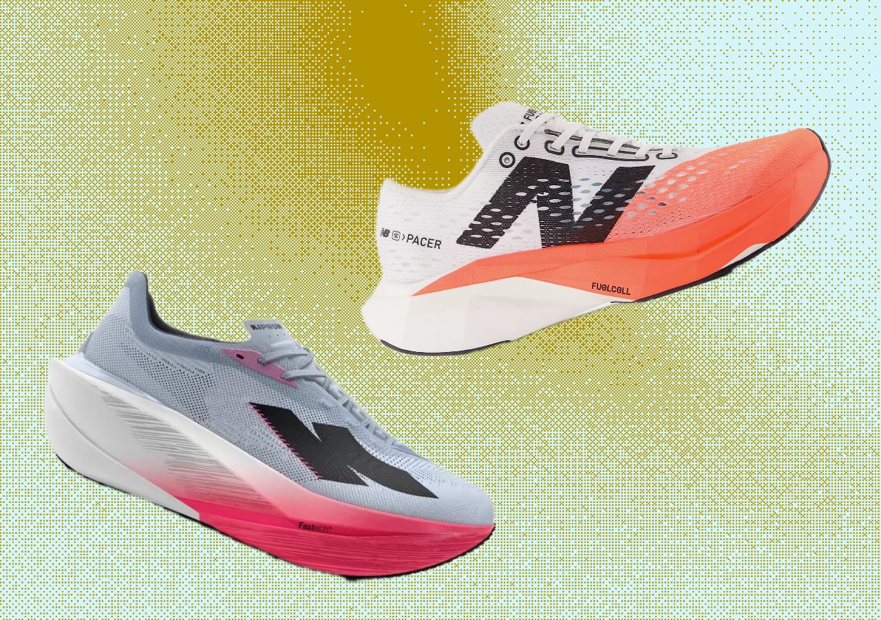 Une New Balance FuelCell Pacer et une Kiprun, le N et le K en miroir côte à côte