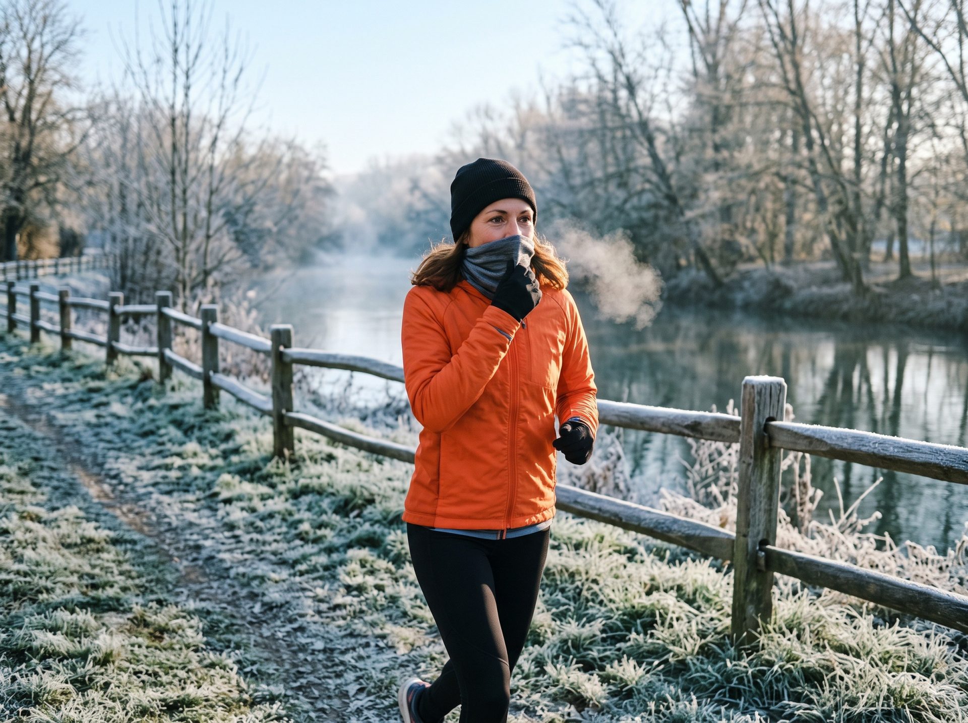 Coureuse remontant son tour de cou sur le nez par un matin givré