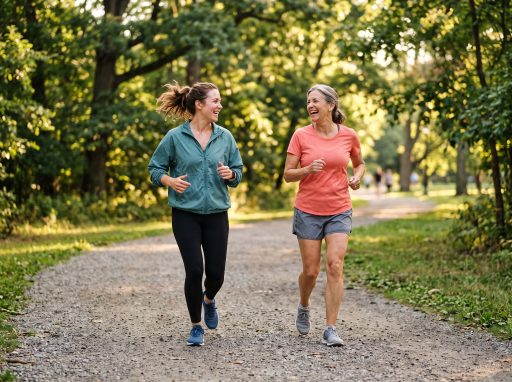 Deux femmes souriantes courent dans un parc ensoleillé