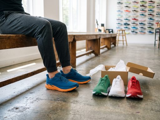 Client assis sur un banc d'essayage en magasin de running, chaussures à semelle épaisse aux pieds et trois autres paires à comparer