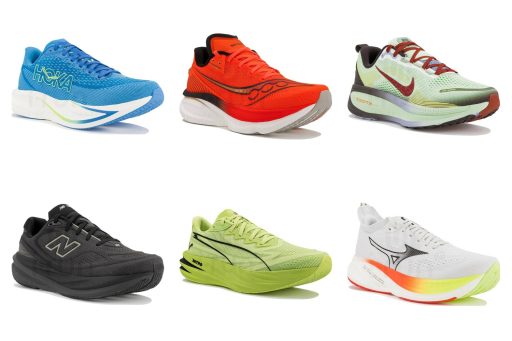 Six chaussures de running récentes de marques différentes sur fond blanc