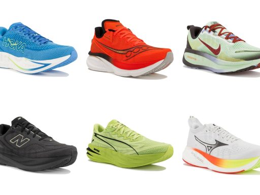 Six chaussures de running récentes de marques différentes sur fond blanc