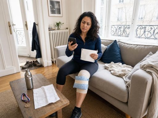 Sportive blessée consulte son téléphone avec genou glacé