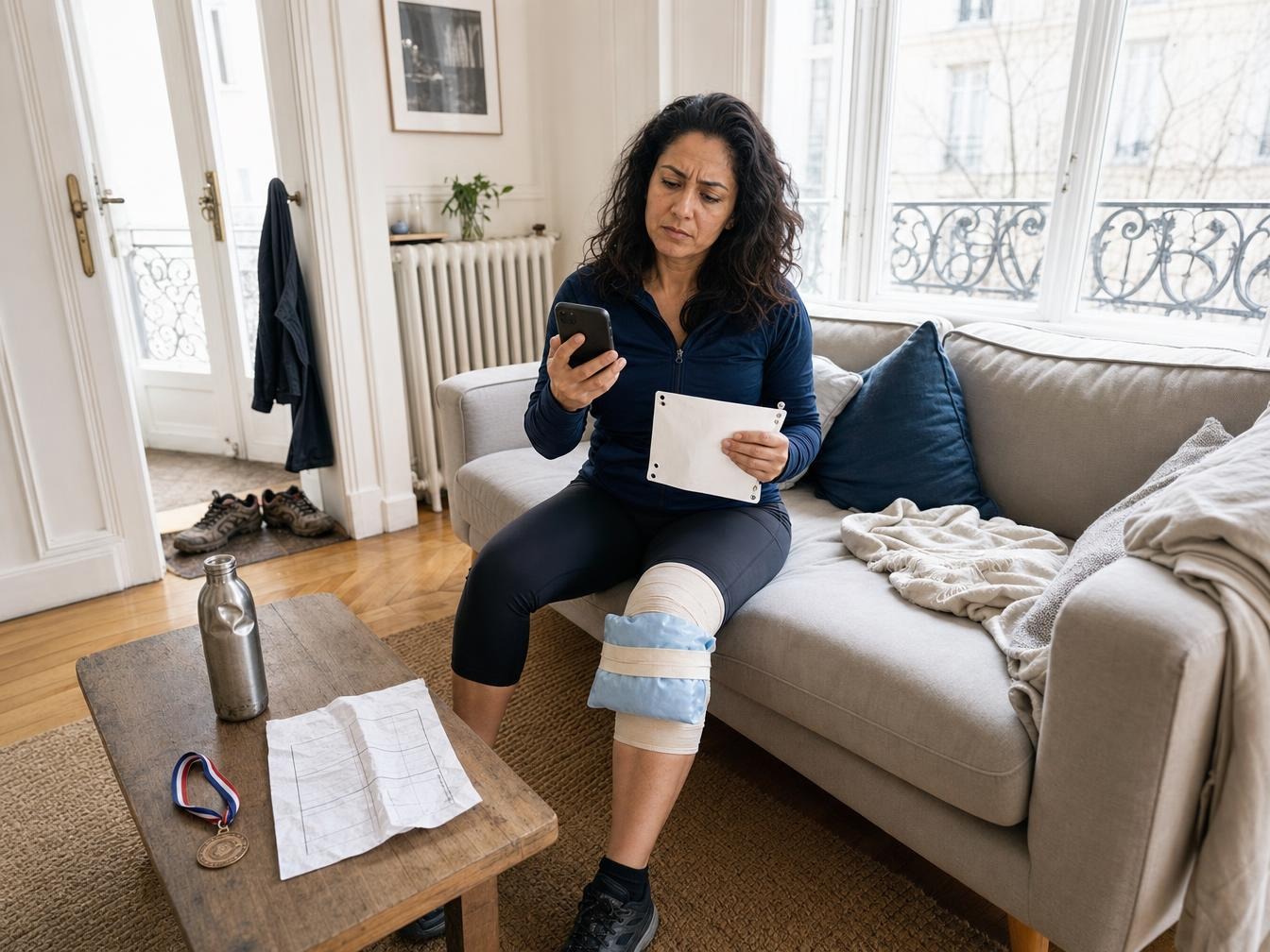 Sportive blessée consulte son téléphone avec genou glacé